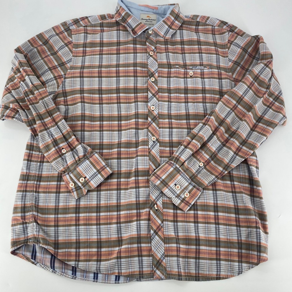 Tommy Bahama Jeans Mens XL Plaid Button Down Shirt Orange Brown Tencel Blend